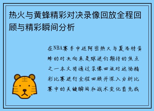 热火与黄蜂精彩对决录像回放全程回顾与精彩瞬间分析